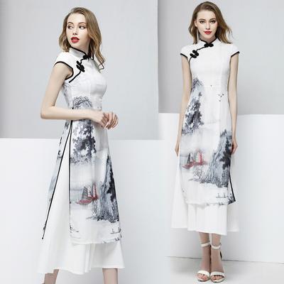 Summer Women Cheongsam Qipao Evening Dress Chinese Oriental Lmproved Chinese Ink Print Dresses Traditional Chinese Wedding Dress