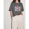 Grey Crew Neck Short Sleeve T-Shirt Women's Summer New Cat Print T-Shirt