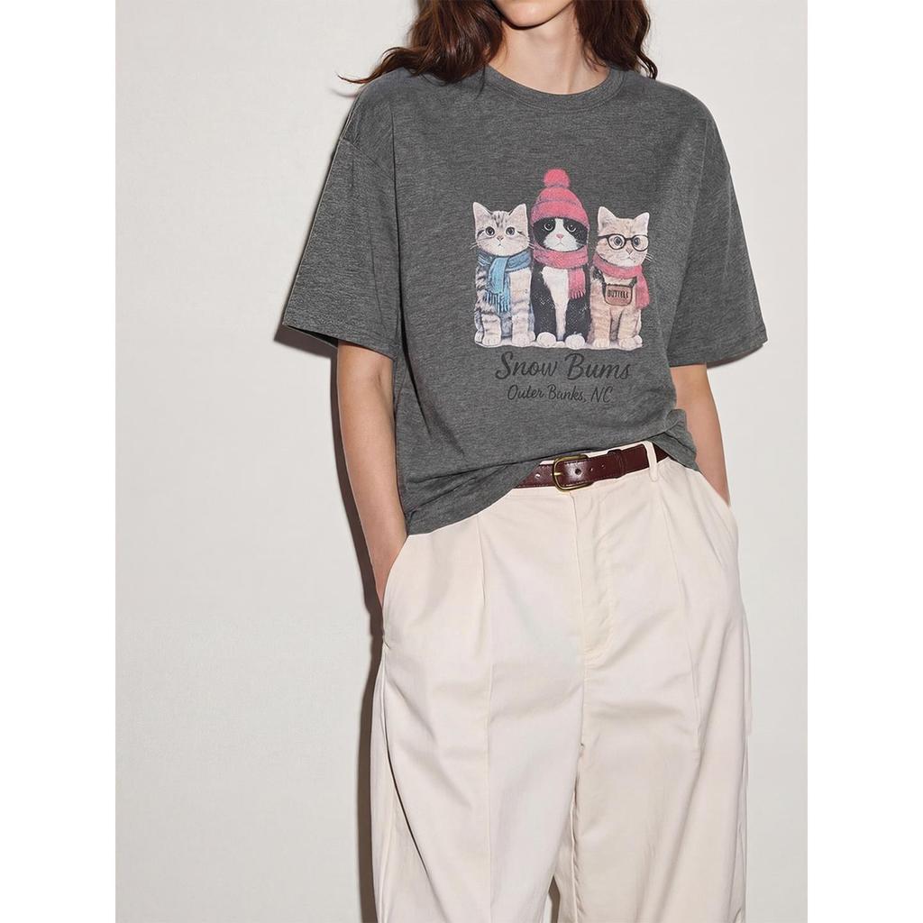Grey Crew Neck Short Sleeve T-Shirt Women's Summer New Cat Print T-Shirt