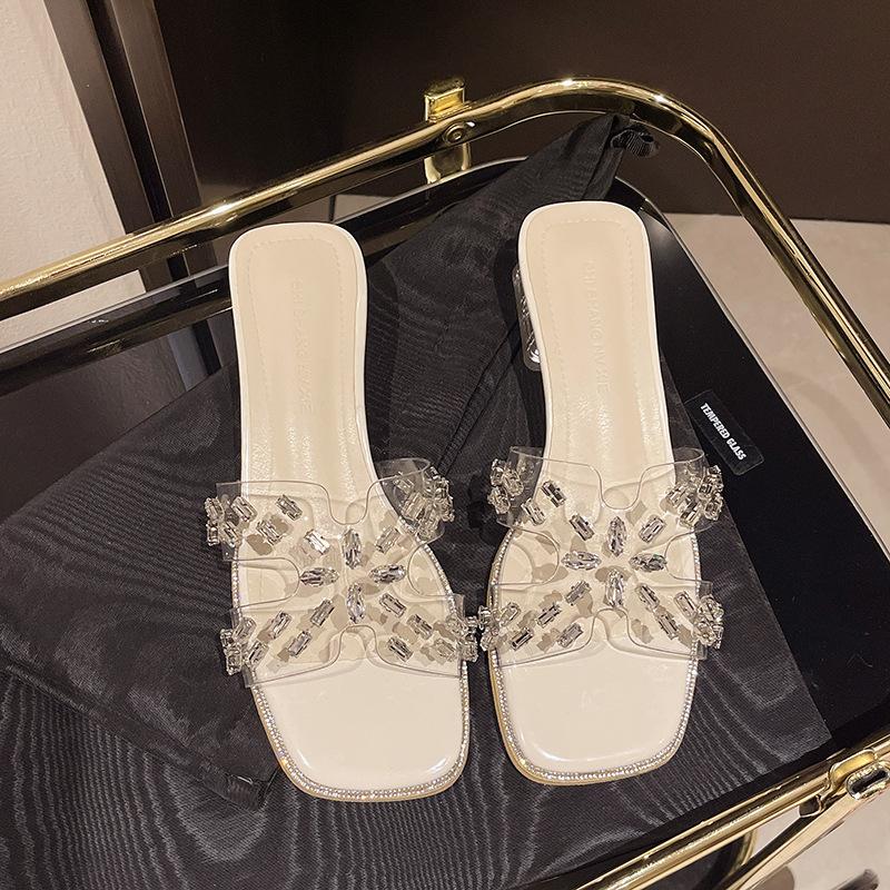 

Internet celebrity rhinestone transparent cool slippers women s summer new square head fashion versatile crystal thick high heel slippers 35