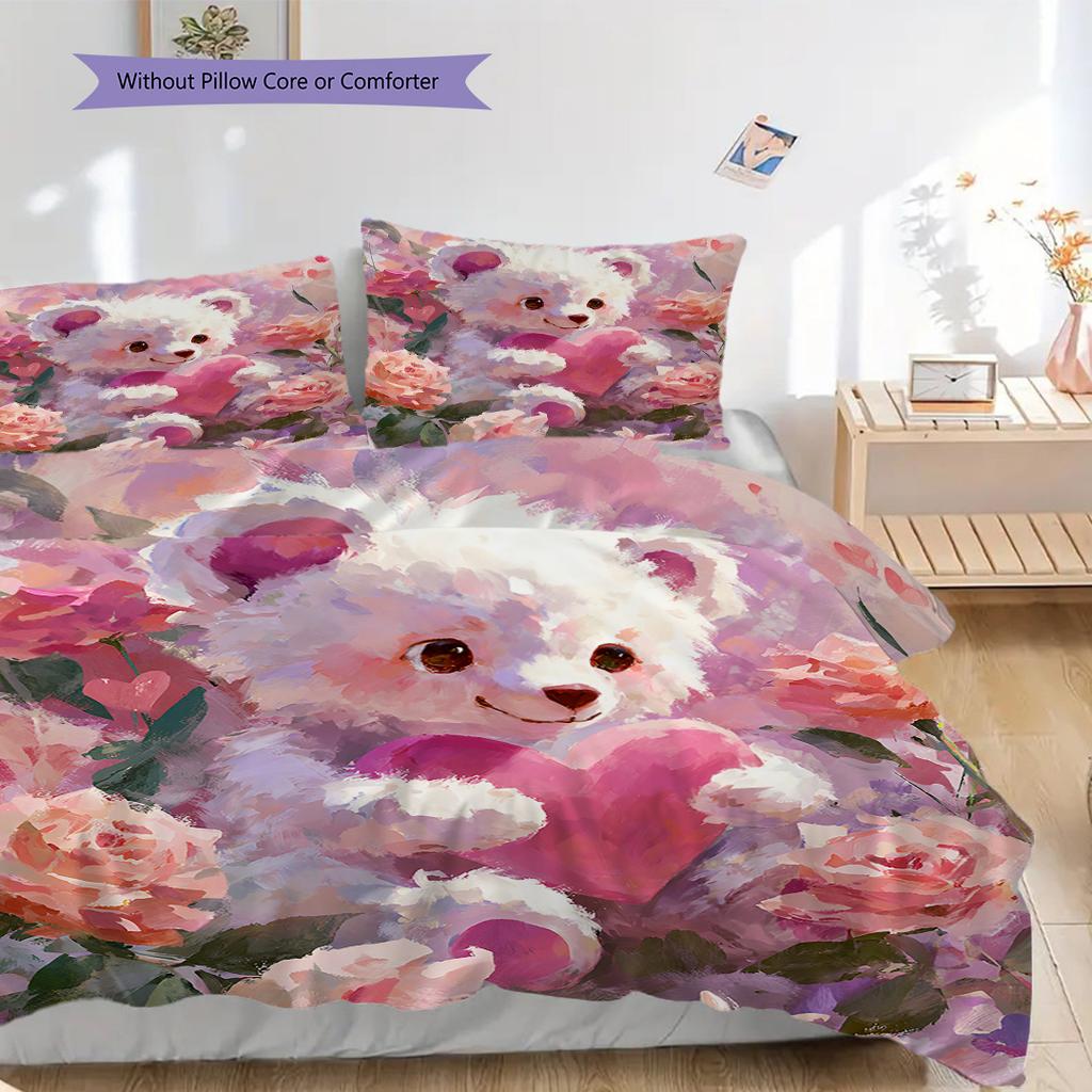 Bear Doll Pattern Bedding Quilt Set Quilt Cover Pillowcase Home Decoration Birthday Gift (1 * duvet cover + 2 * pillowcase, without core)