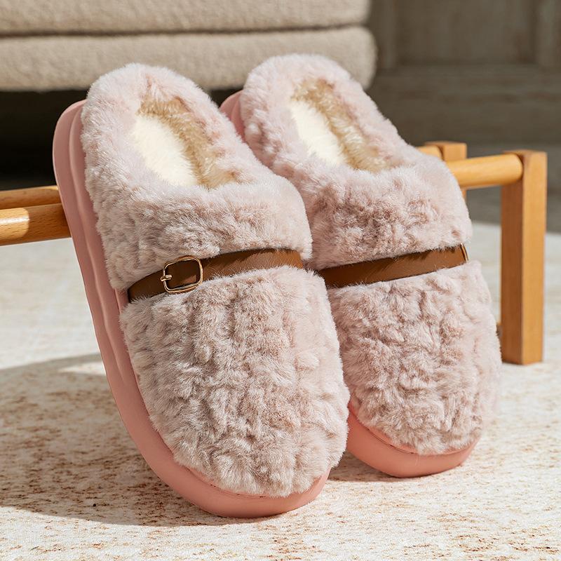 Winter plush cotton slippers women's indoor non-slip thick-soled plush warm couple fashion high-end confinement shoes