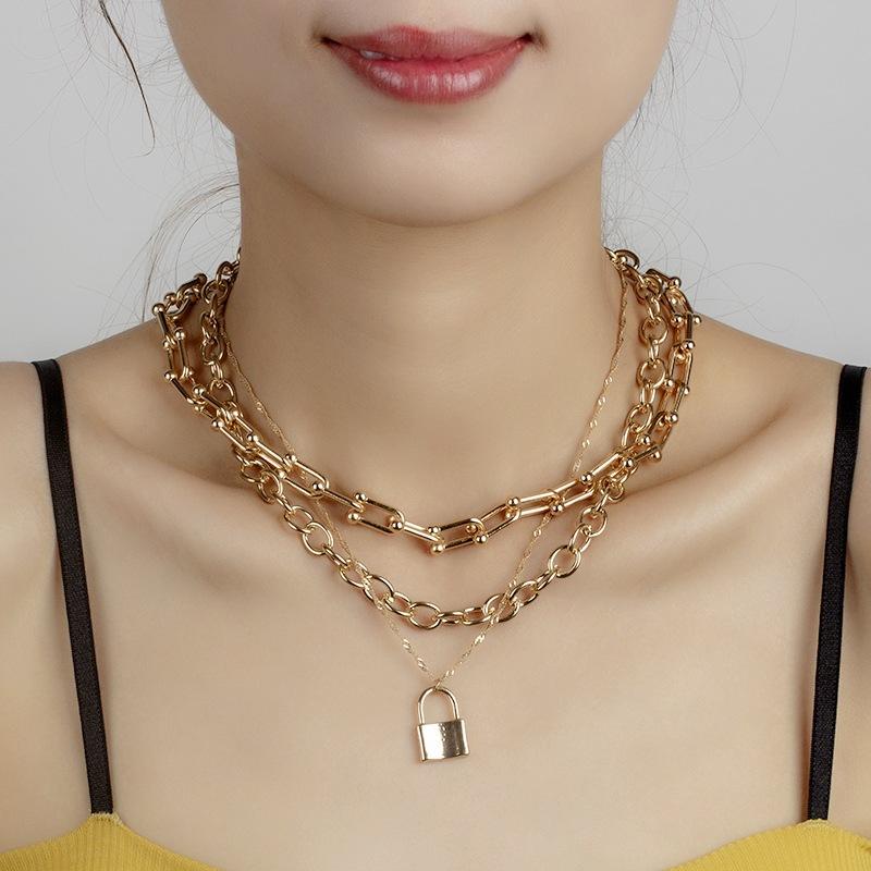 European and American New Gold Lock Stacked Multi-layer Necklace, Fashionable Personalized Chocker Collarbone Chain Necklace