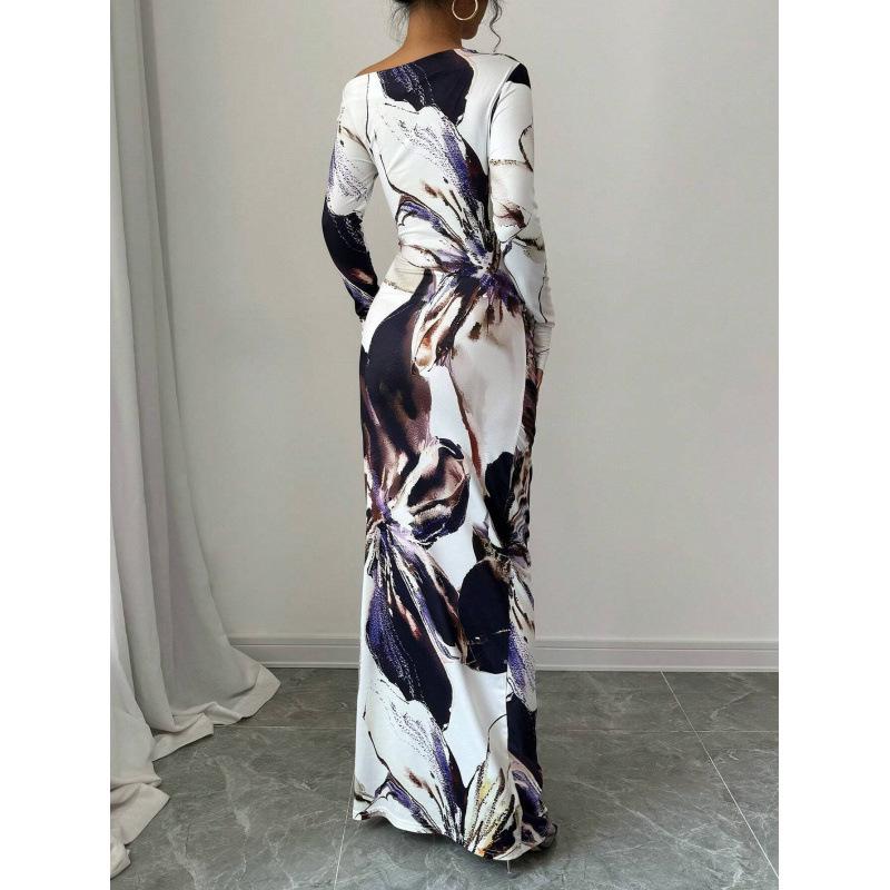 European & American Trendy Long-Sleeve Asymmetrical Neckline Dress