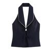 Spring 2025 Women's European & American Style Halter Neck Top with Bow Decor & Patchwork