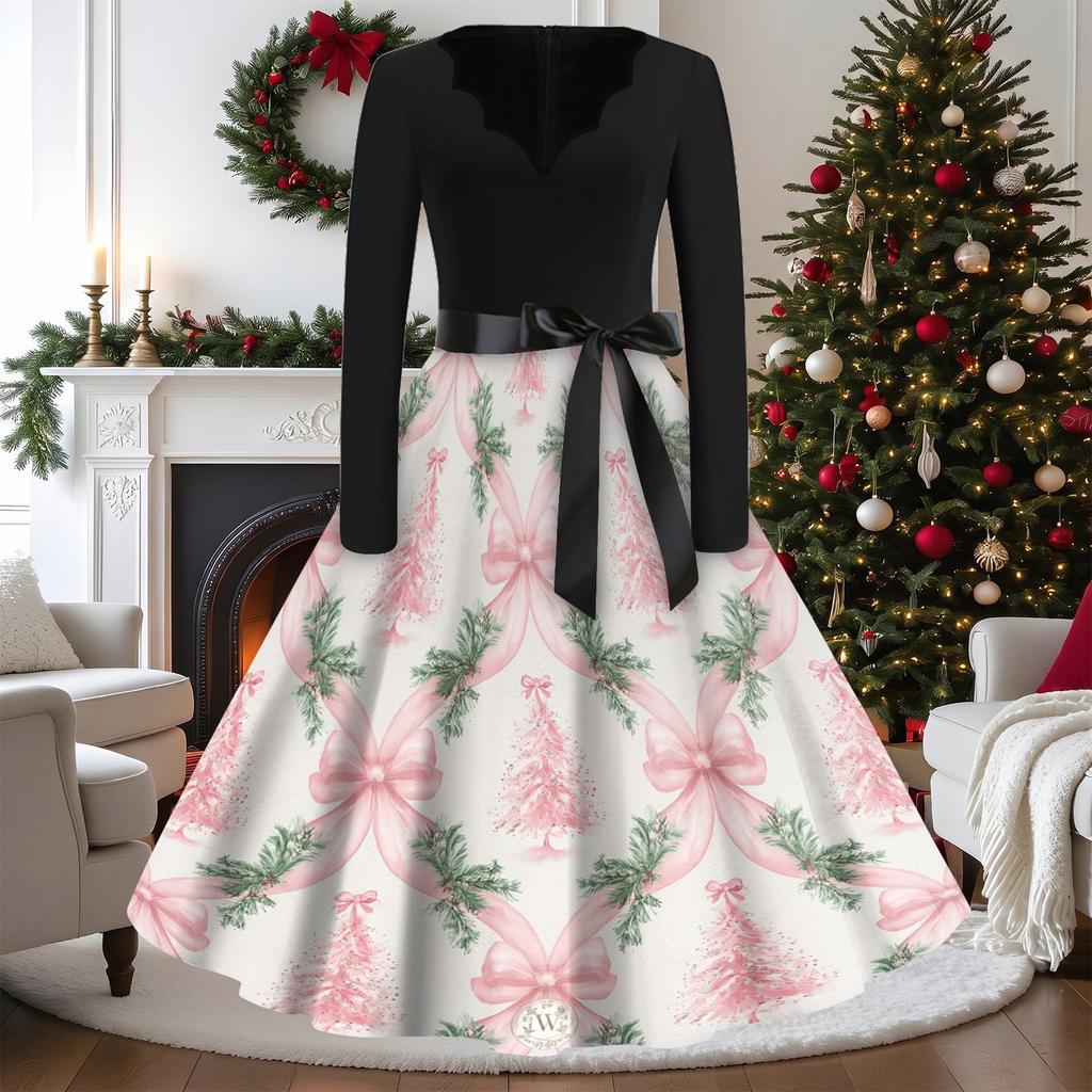 Women's Casual Vintage V-Neck Long Sleeve Dress with Christmas Print