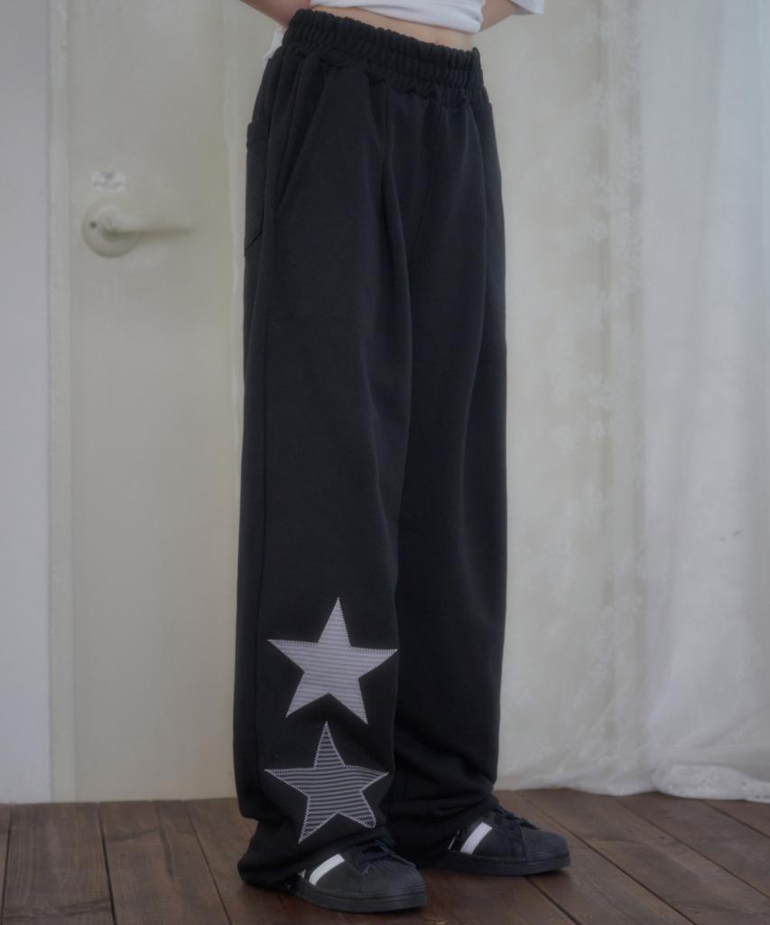 AMBLER Starlight Applique Embroidered Pintuck 2-Way Wide Training Sweatpants Ap1001 (Black)