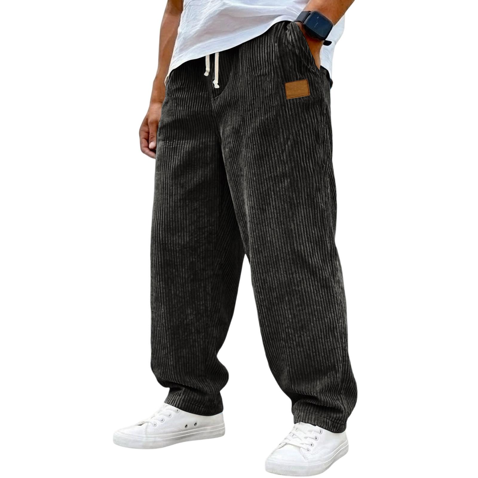 

Mens Corduroy Loose Fit Trousers Casual Drawstring Waist Wide Leg Pants Relaxed Fit Corduroy Pants with Pockets for Everyday Wear L чёрный