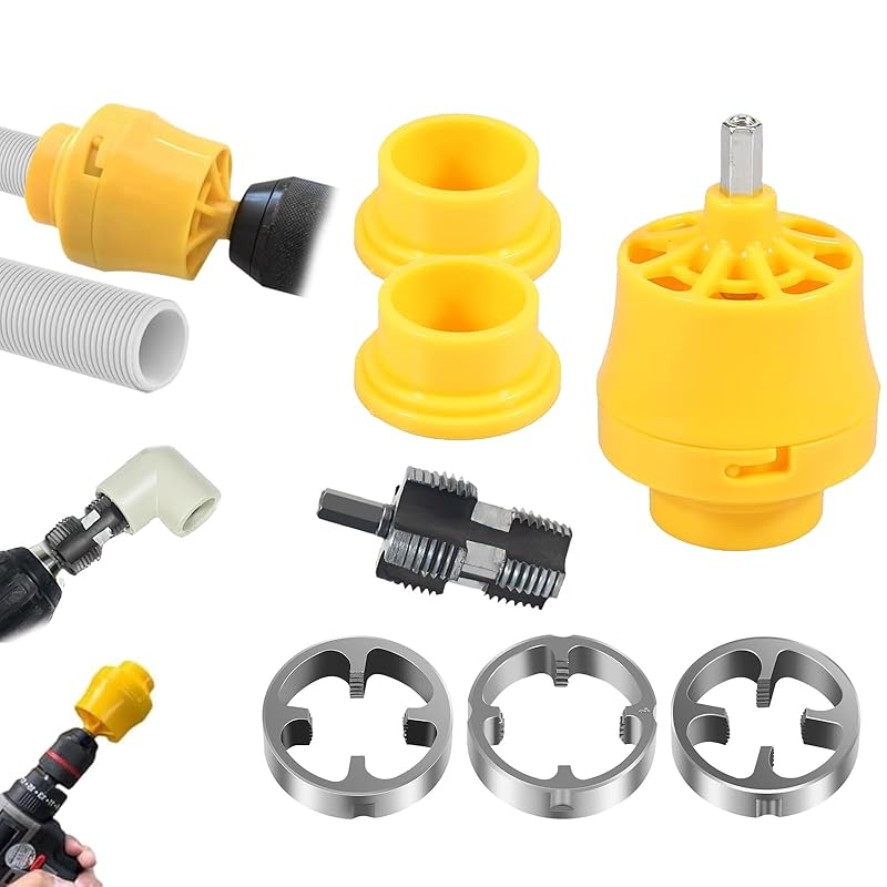 PVC Pipe Threader, Electric Drill Compatible PVC Pipe Threader Kit, PVC Thread Maker Tool for Electric Drill, with 3 Dies,1/2", 3/4", 1" Npt (B