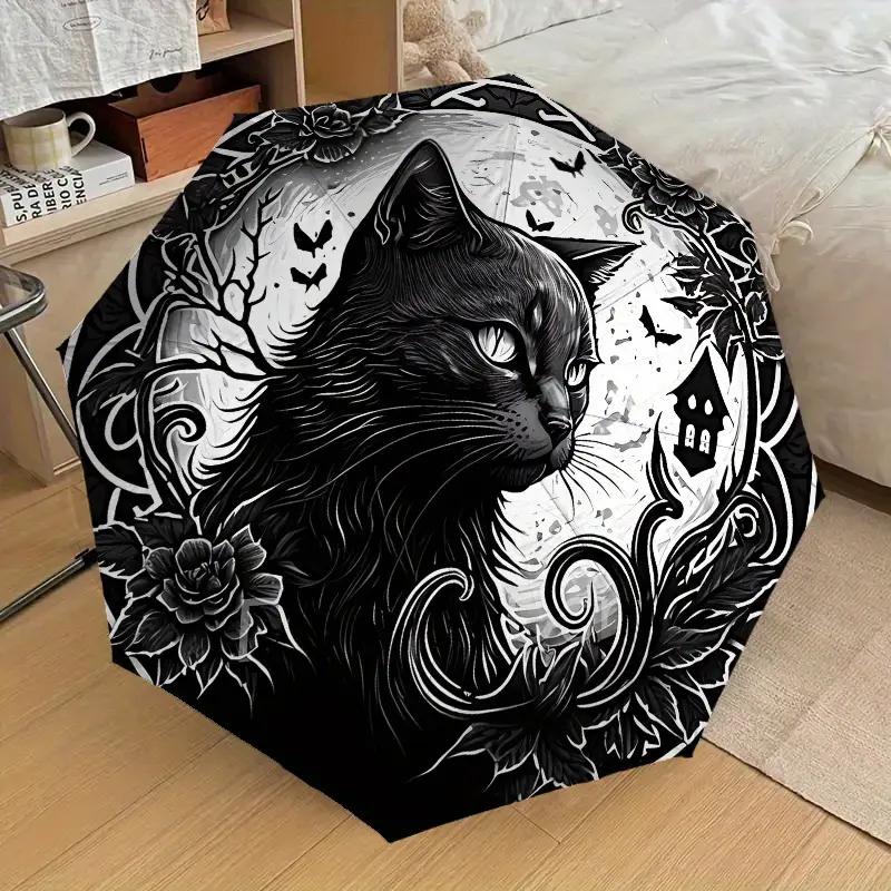 

1pc Moonlight Cat Pattern Design Travel Portable Windproof Umbrella, Automatic Folding Umbrella, One-Button Open/Close, Three- (as the picture,Iron&8K)