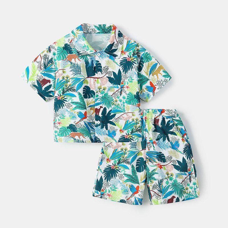 Boys' Shirts, Summer Hong Kong Style Kidsren's Clothing, Big Kidsren's Floral Shirts, Boys' Short-Sleeved Beach Suits, Vacation and Seaside Clothes