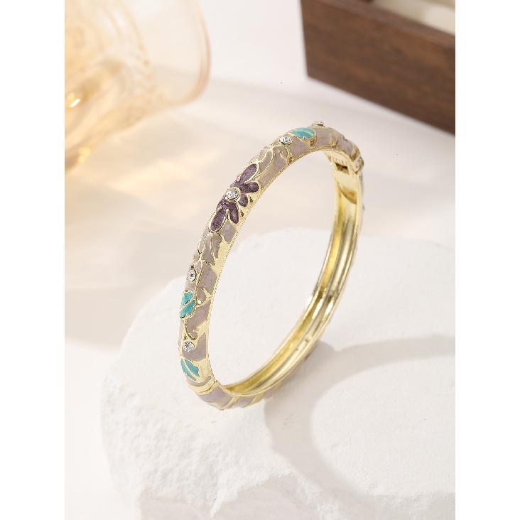 New Chinese Ethnic Floral Leaf Rhinestone Gold Tone Embossed Enamel Open Spring Hinge Bangles for Women Vintage Layering Jewelry