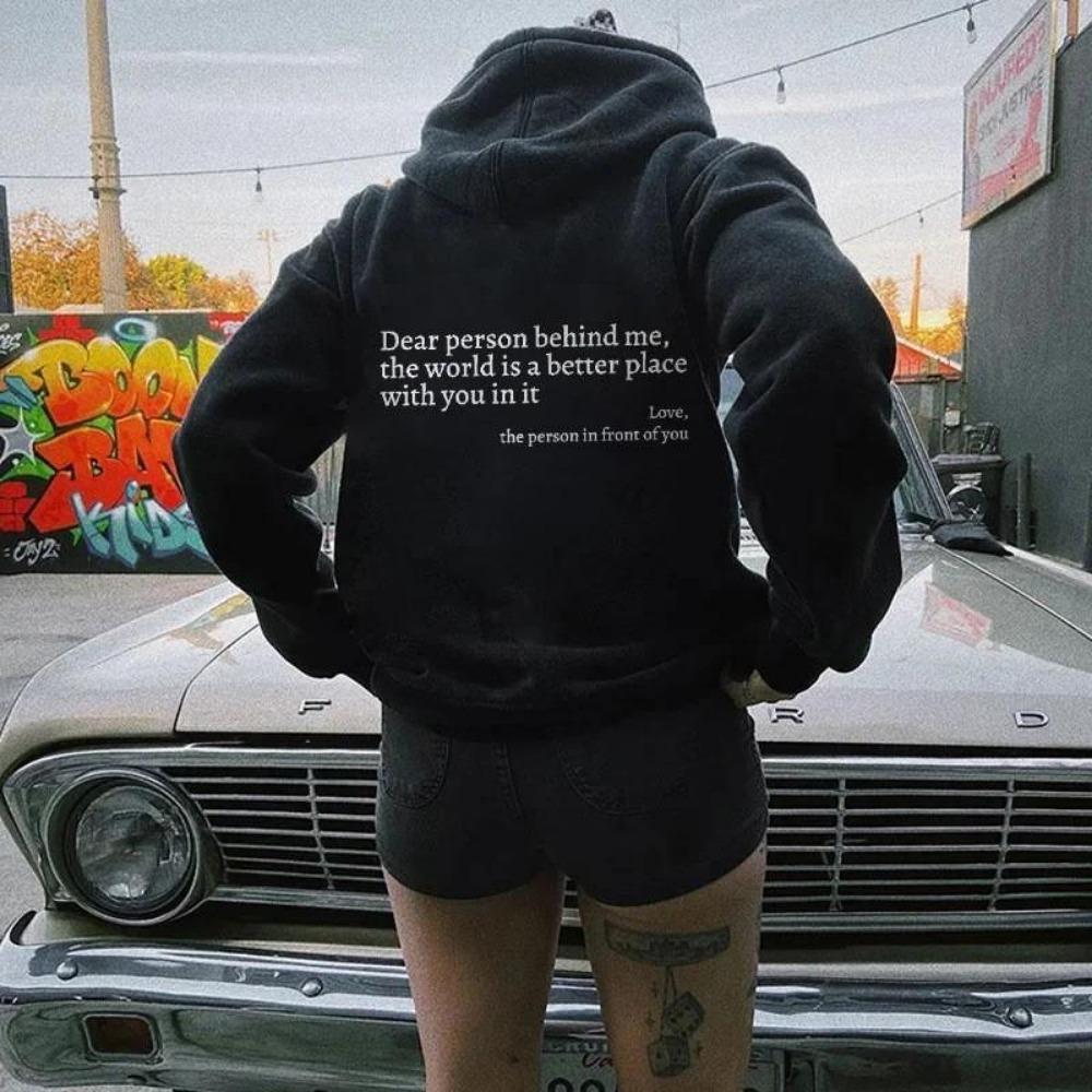 Women'S Shoulder Sleeve Fleece Sweater Plain Letter Print Kangaroo Pocket Drawstring Print Hoodie