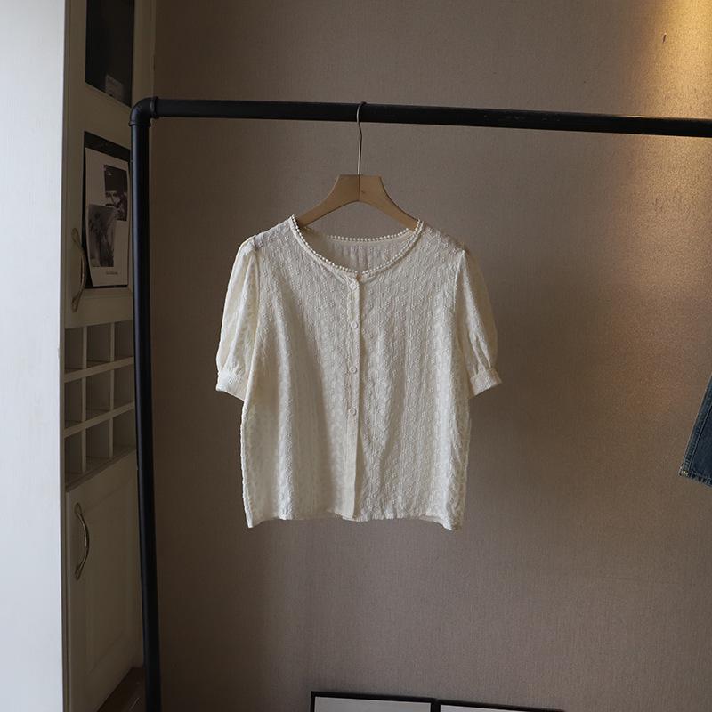 Bi Zheng 2025 Summer Korean Lace Embroidered Bubble Sleeve Women's Shirt