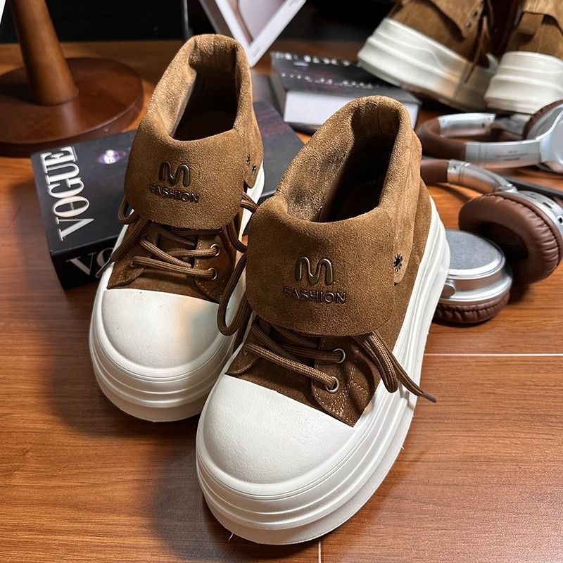 New Matte Lapel Two Wear Lace-up Thick-soled Muffin Niche Board Shoes Women's Casual High-top Shoes Women's Shoes