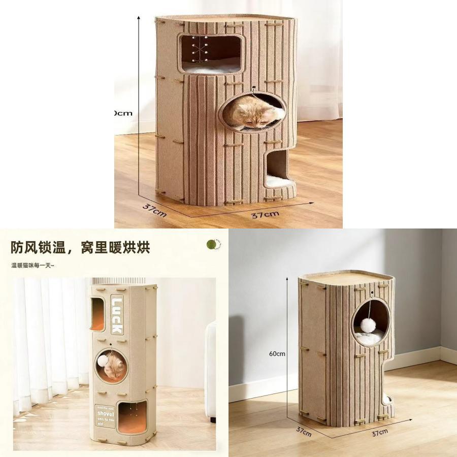 Cat Scratching Post With Multistory Cat House Made Of Polyester And Felt For Indoor Play