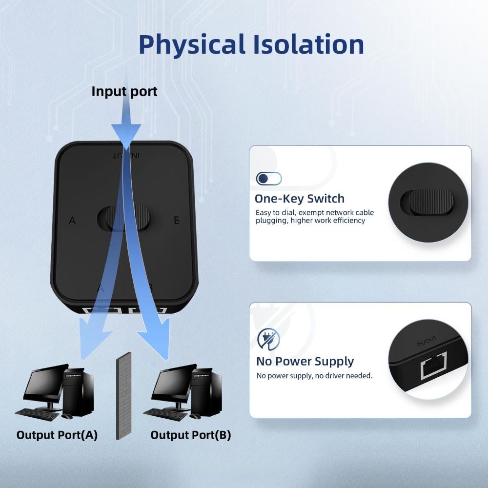 RJ45 Ethernet Adapter Bidirectional Passive Ethernet Selector Gigabit Network Switcher  Server Room