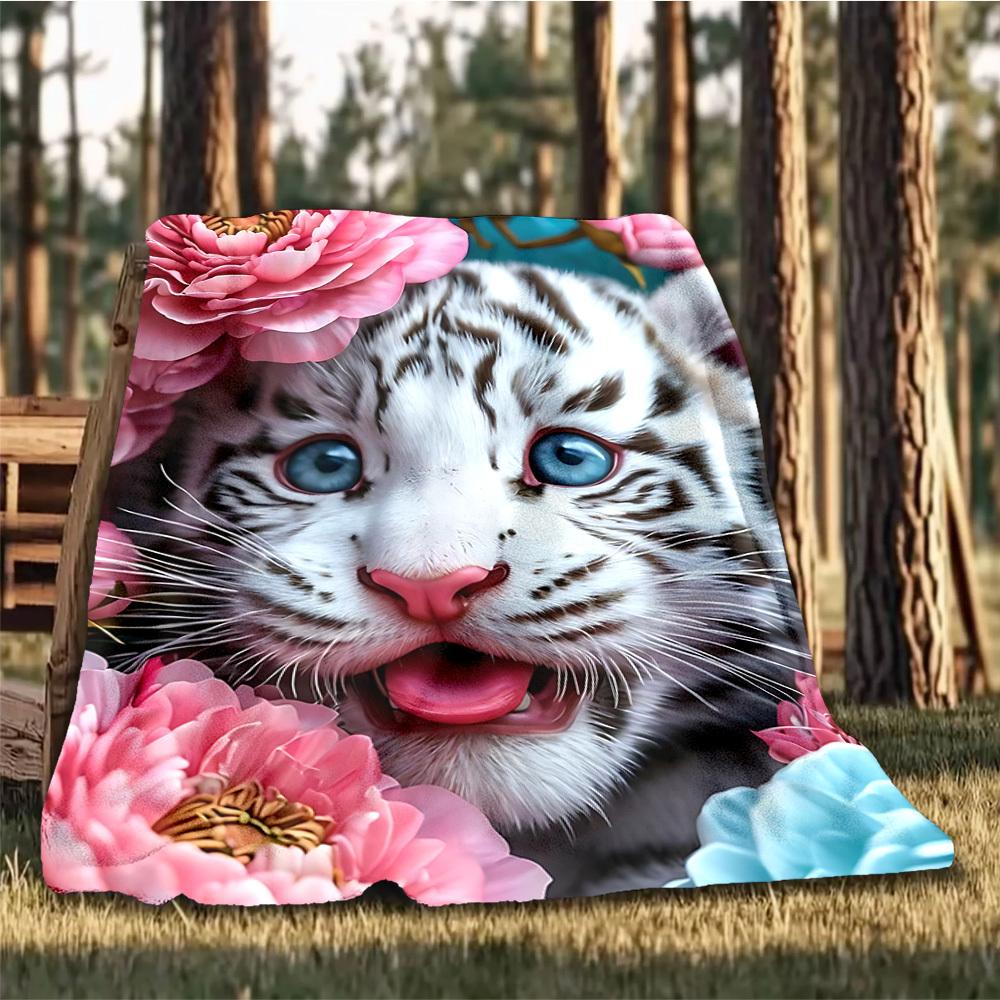 1pc Tiger Flowers Throw Blanket Polyester Fiber, Lightweight Flannel, Soft & Warm, All Season Use for Outdoor, Camping Digital Print