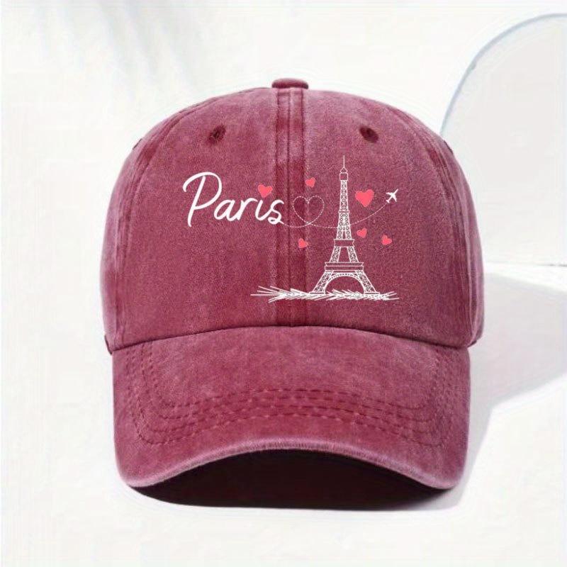1pc Retro Paris Eiffel Tower  Hearts Print Baseball Cap  Adjustable Unisex Breathable Fabric Hat for Outdoor Travel