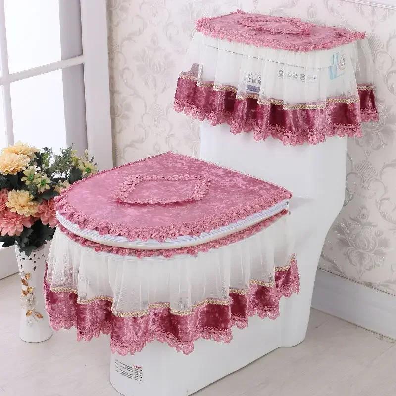 Thickened Toilet Dust Three Piece Set Autumn and Winter Sitting Toilet Cover U-shaped Cushion Zipper Lace Ruffled Toilet Cover