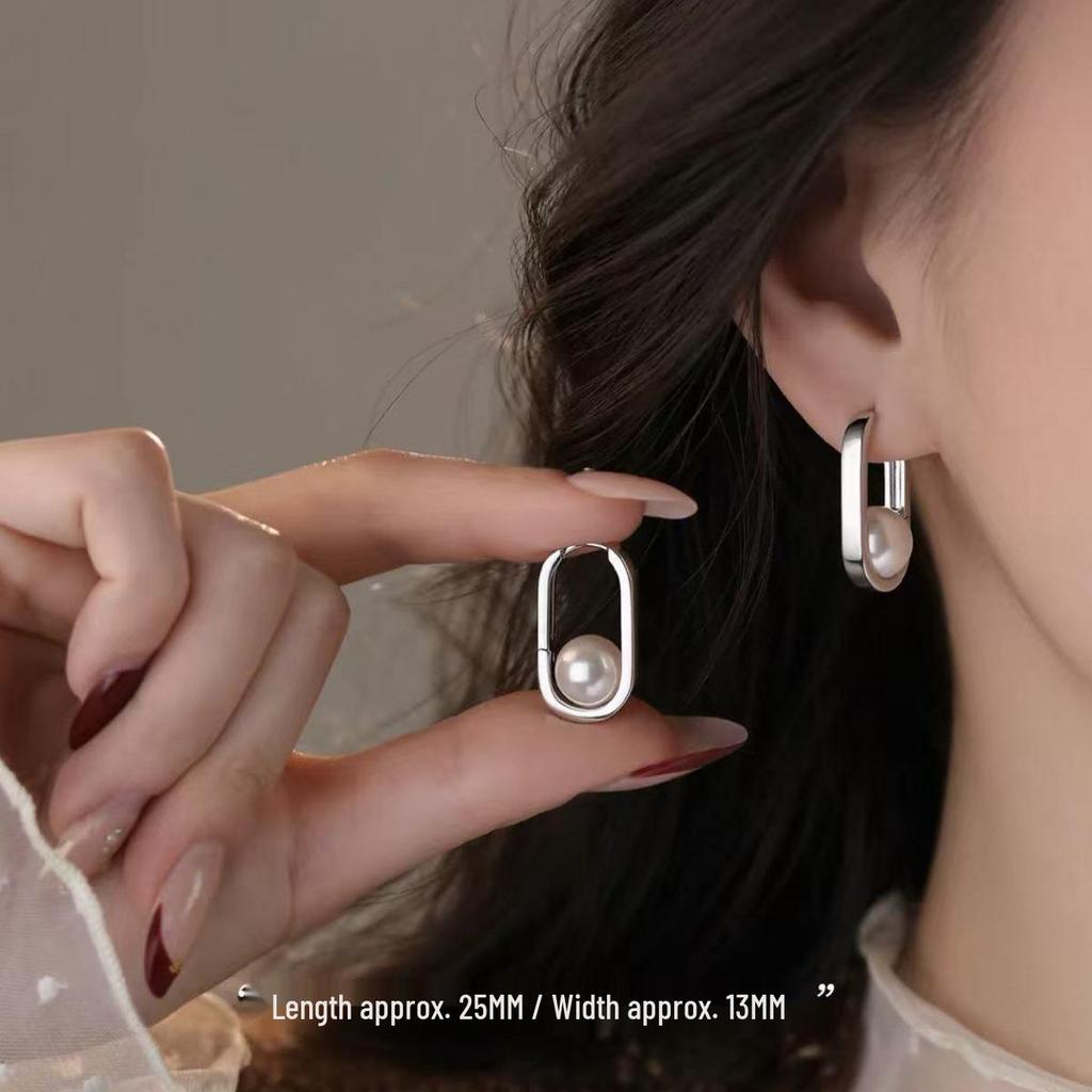 925 Sterling Silver Oval Pearl Earrings - Niche Design 2026, High-End Women's Stud Jewelry