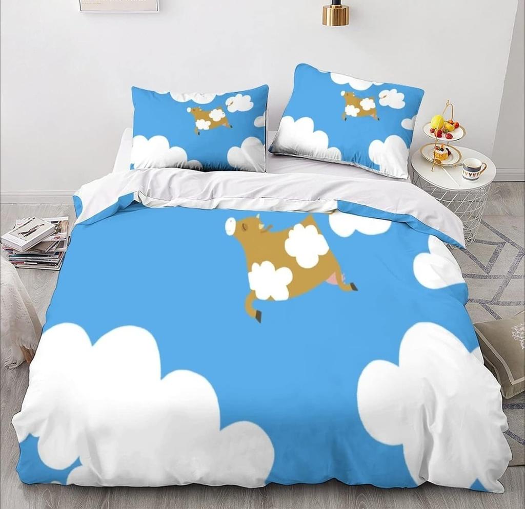 Cartoon Cow Motif,Microfibre Bedding Sets, Children's Bed Linen with Zip Room Decor  Duvet Cover  for Teenagers  Adult 3-Piece