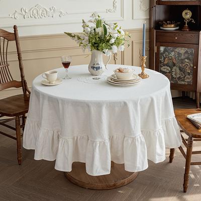 Waschbare Tischdecke Rüschen Runde Tischdecke Baumwolle Volants Besatz Für Feiertags-Dinnerparty Bankett Küche Hochzeitsdekoration
