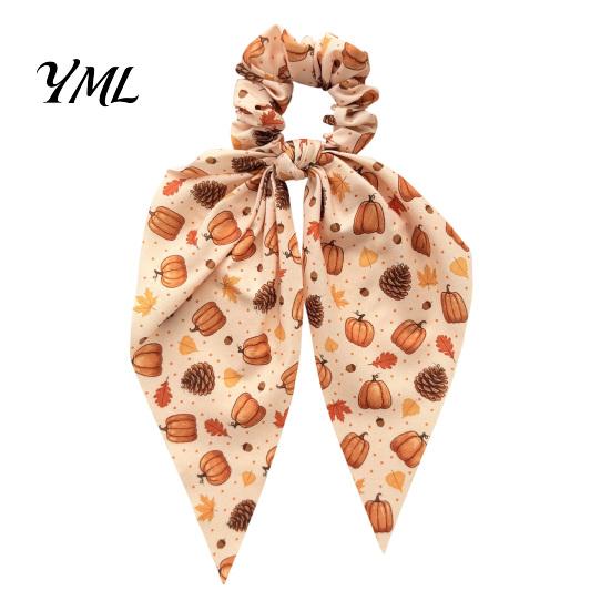 Autumn Theme Hair Ties for Gifts Fall Pumpkin Maple Leaf Tie Women, Bow Knot Ribbon Ponytail Cute Scrunchies Holiday Parties Holder, Soft Fabric
