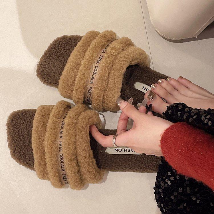 Woolly Slippers Women Wear 2024 Autumn New Korean Fashion Thick Bottom Home Color Combination Cotton Slippers