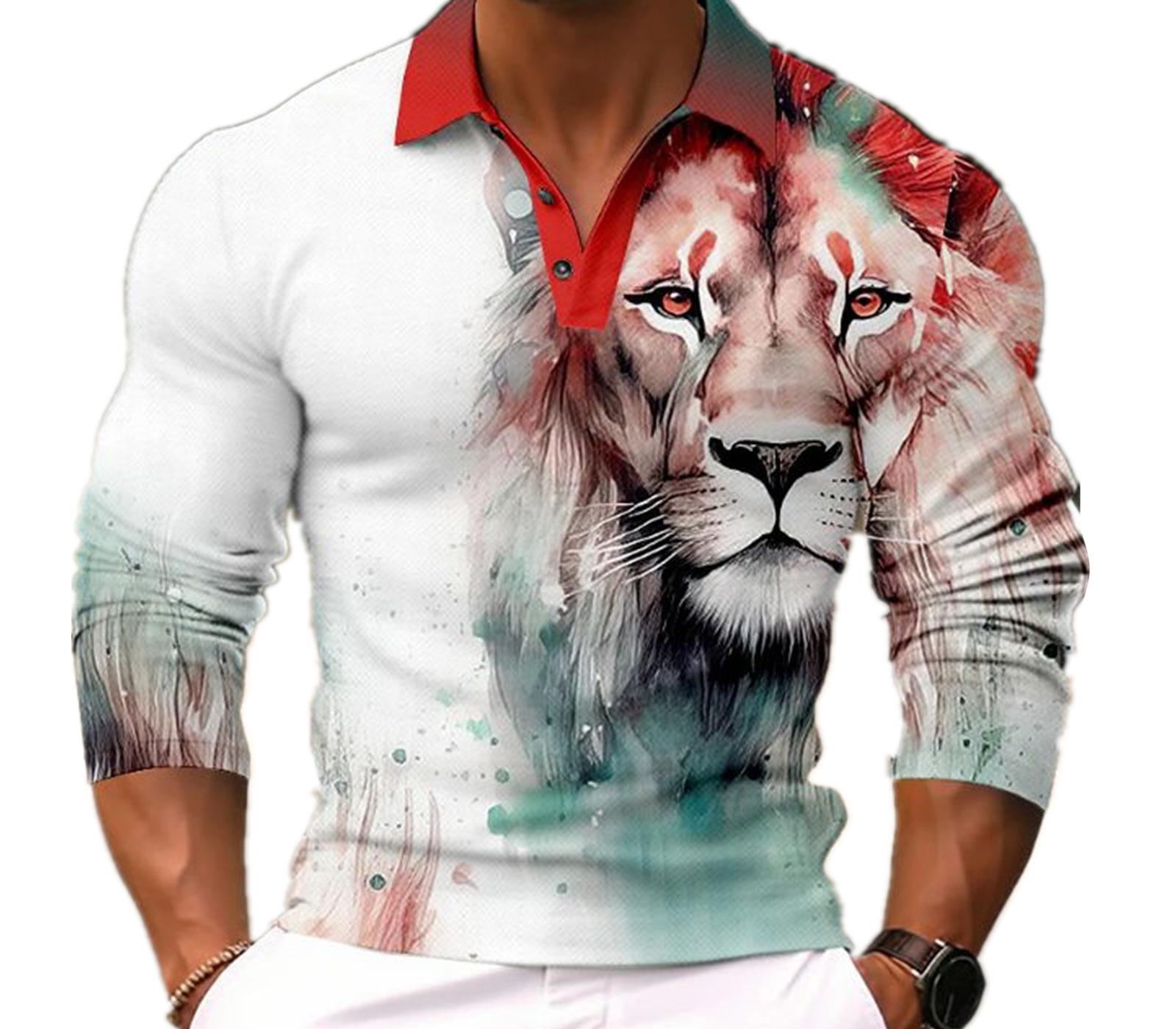 

Новое мужское поло с длинным рукавом, свободное, повседневное, на молнии, мужские топы, толстовка с 3D-принтом льва 5XL