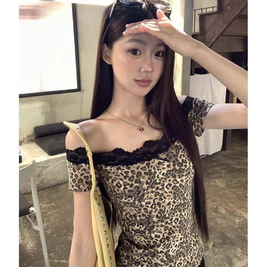 

Лето 2025 Женский топ с леопардовым принтом на одно плечо, с коротким рукавом, приталенный Small