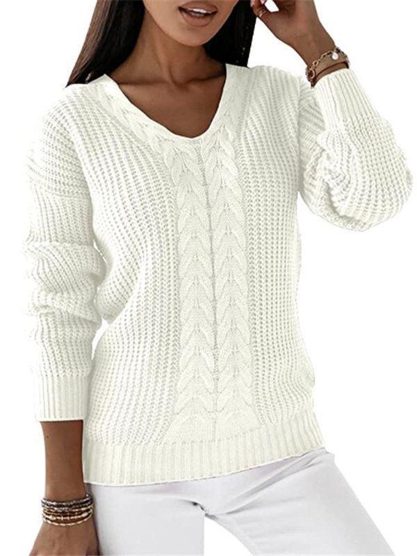 European & American Women's V-Neck Cable Knit Sweater - Long Sleeve Solid Color Casual Pullover Top