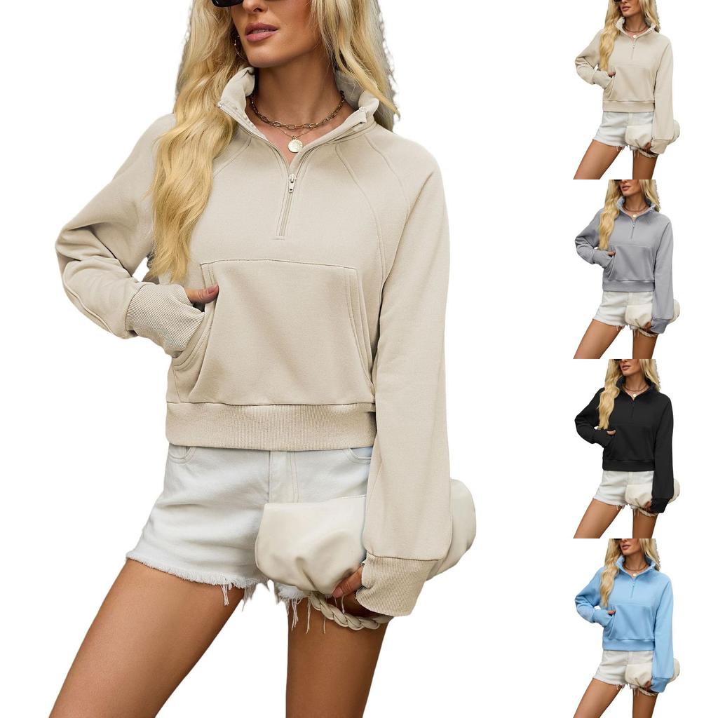 Women's Cropped Zip-Up Hoodie with Pockets Long Sleeve Loose Fit Color Sweatshirt