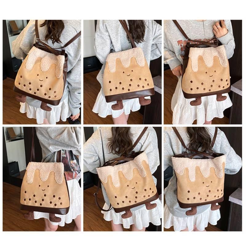Cartoon Bubble Cute Tea Plush Backpack Curved Shoulder Straps Storage Portable