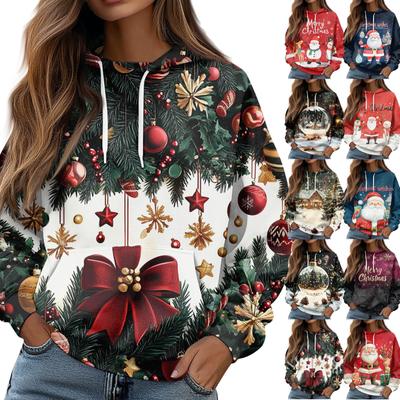 Damen Sweatshirt mit Weihnachtsmuster, langärmelig, lockerer Kordelzug, Kapuzenpullover