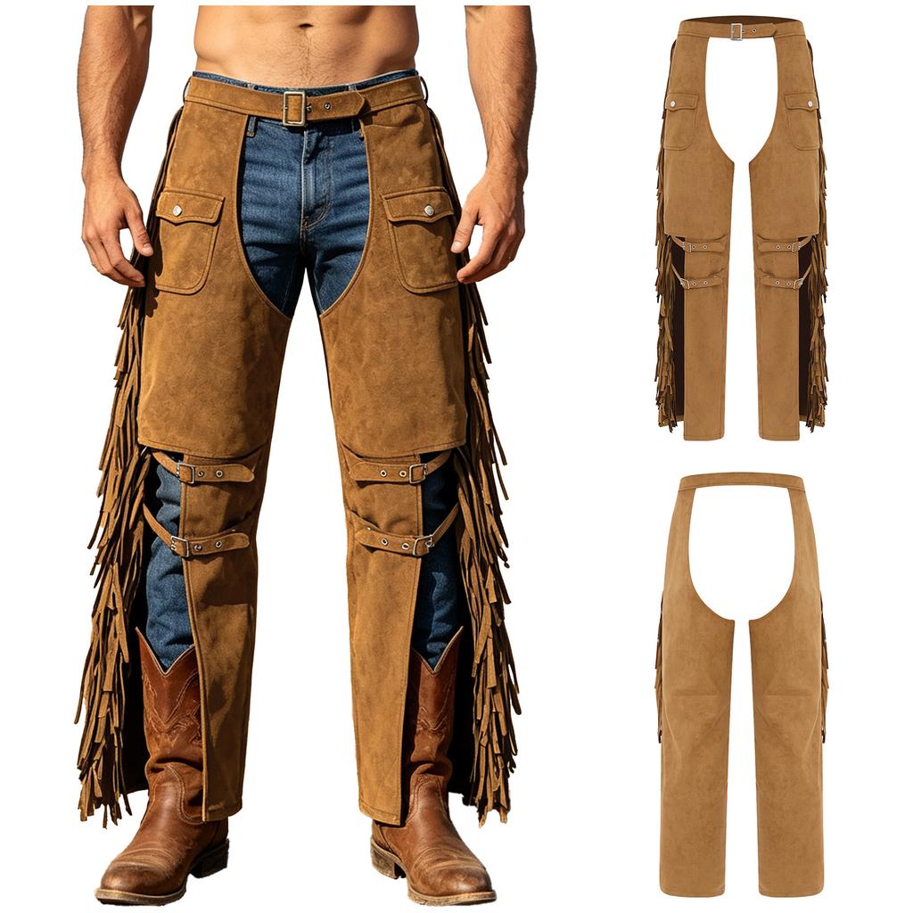 Pánské nastavitelné v pase Faux Suede Chaps Kalhoty Bojí Třásně Rozdělené Široké Nohy s Popruhy pro Jízdu na Koních Divadlo Cosplay