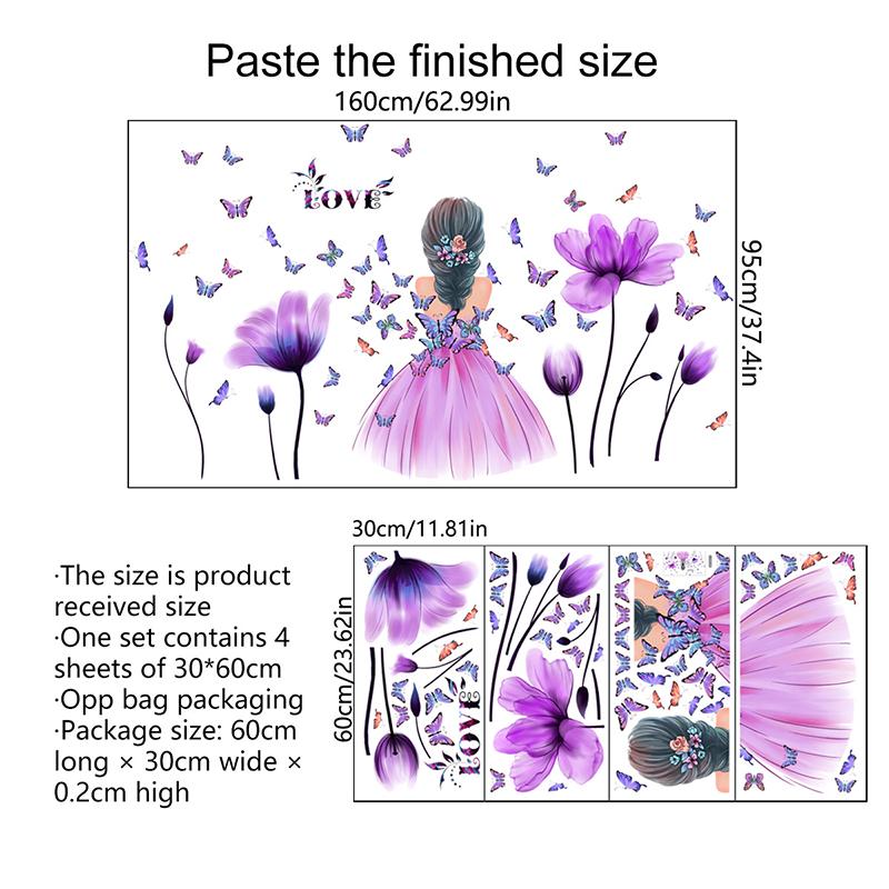 Flower Fairy Purple Colorful Flower Butterfly Home Decal Wall Decal Girl Bedroom DIY Children'S Room Kindergarten Party Mural