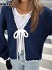New Women's Autumn Winter Knit Cardigan Tie-Up Sweater Solid Loose Long Sleeve Top Outerwear