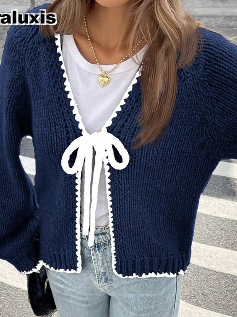 New Women's Autumn Winter Knit Cardigan Tie-Up Sweater Solid Loose Long Sleeve Top Outerwear