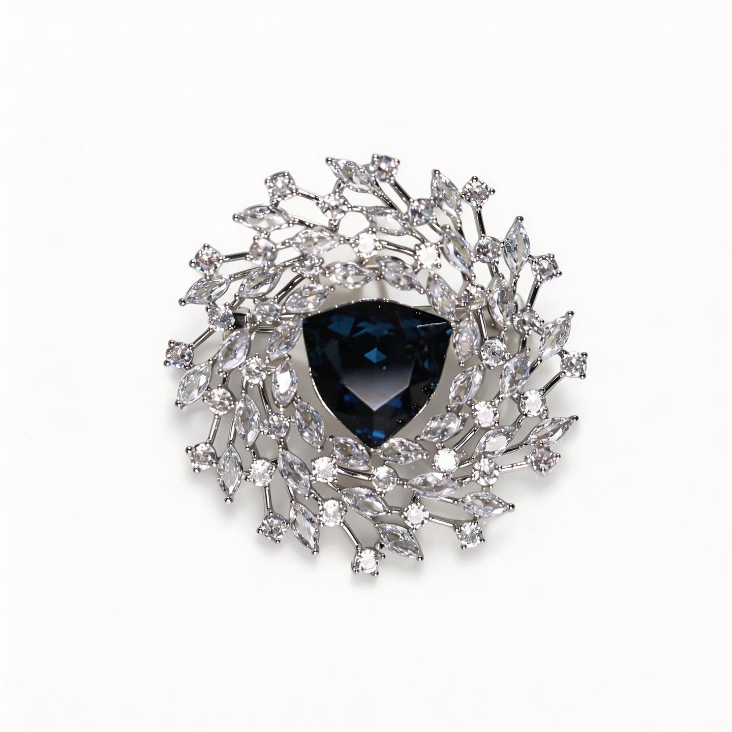 Exquisite Copper Zircon Blue Crystal Wreath Brooch - Luxury Dress Pin