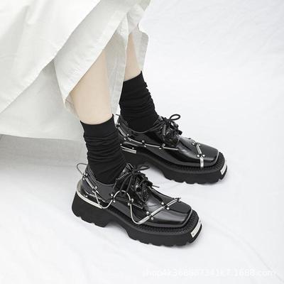 Women's Spring Trend Thick-Soled Genuine Leather Derby Shoes: British Style, Square Toe, Black, with Thick Heel
