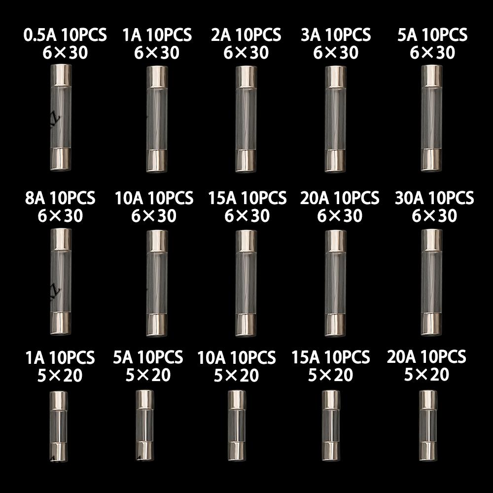 150PCS 0.25A-30A 15value 0.25A 0.5A 1A 2A 3A 5x20mm 6x30mm Glass Fuse Assorted Kit Box 5A 8A 10A 15A 20A 30A