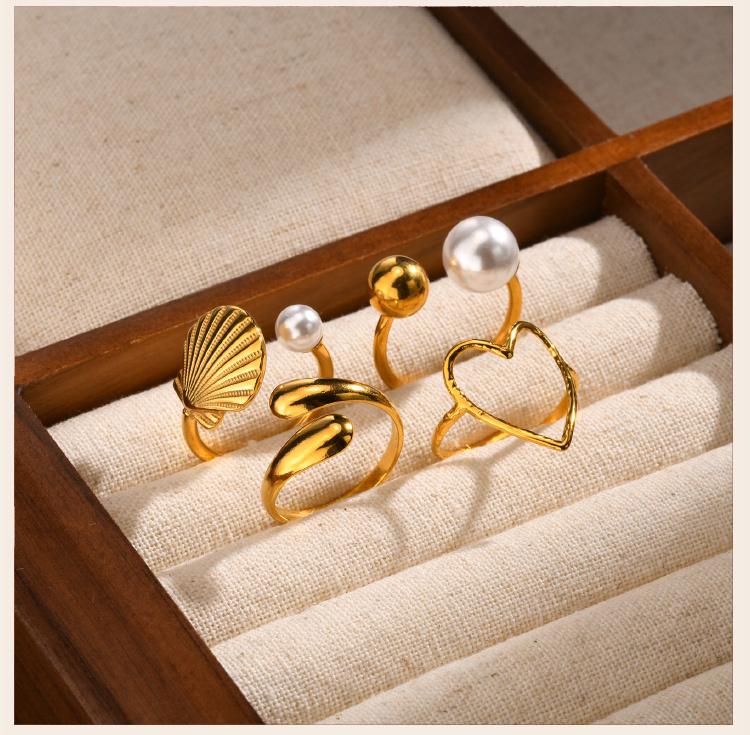Pearl Open Ring for Women, Waterproof Knuckle Rings Gold Plated, Stainless Steel Cuff Wrap Finger Accessories