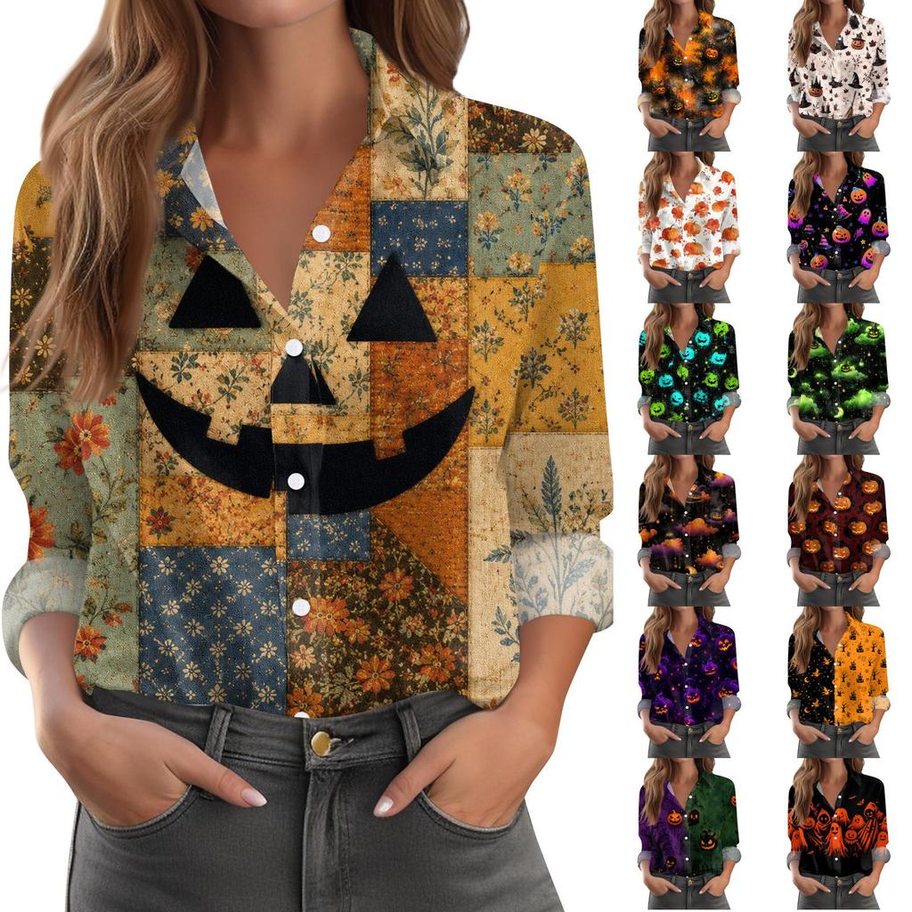 Women's Halloween Print Long Sleeve Button Down Shirt Casual Blouse