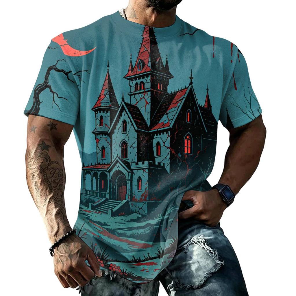 Men's Halloween Print T-Shirt, Short Sleeve Neck Tee for Halloween Celebrations
