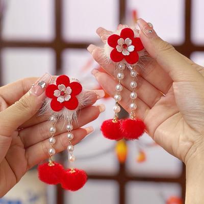 1 Pair Children's Hair Clip Hanfu Headwear New Year Hairpin Tang Suit Sweet Chinese Style Red Barrettes Tassel Ball Hair Clip
