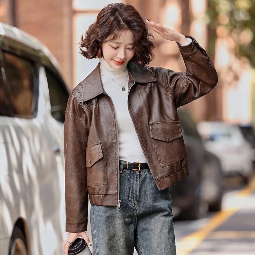 

Модная текстурированная кожаная куртка весна и осень новая женская одежда милый и крутой темперамент локомотив тонкий темперамент короткое пальто 2XL