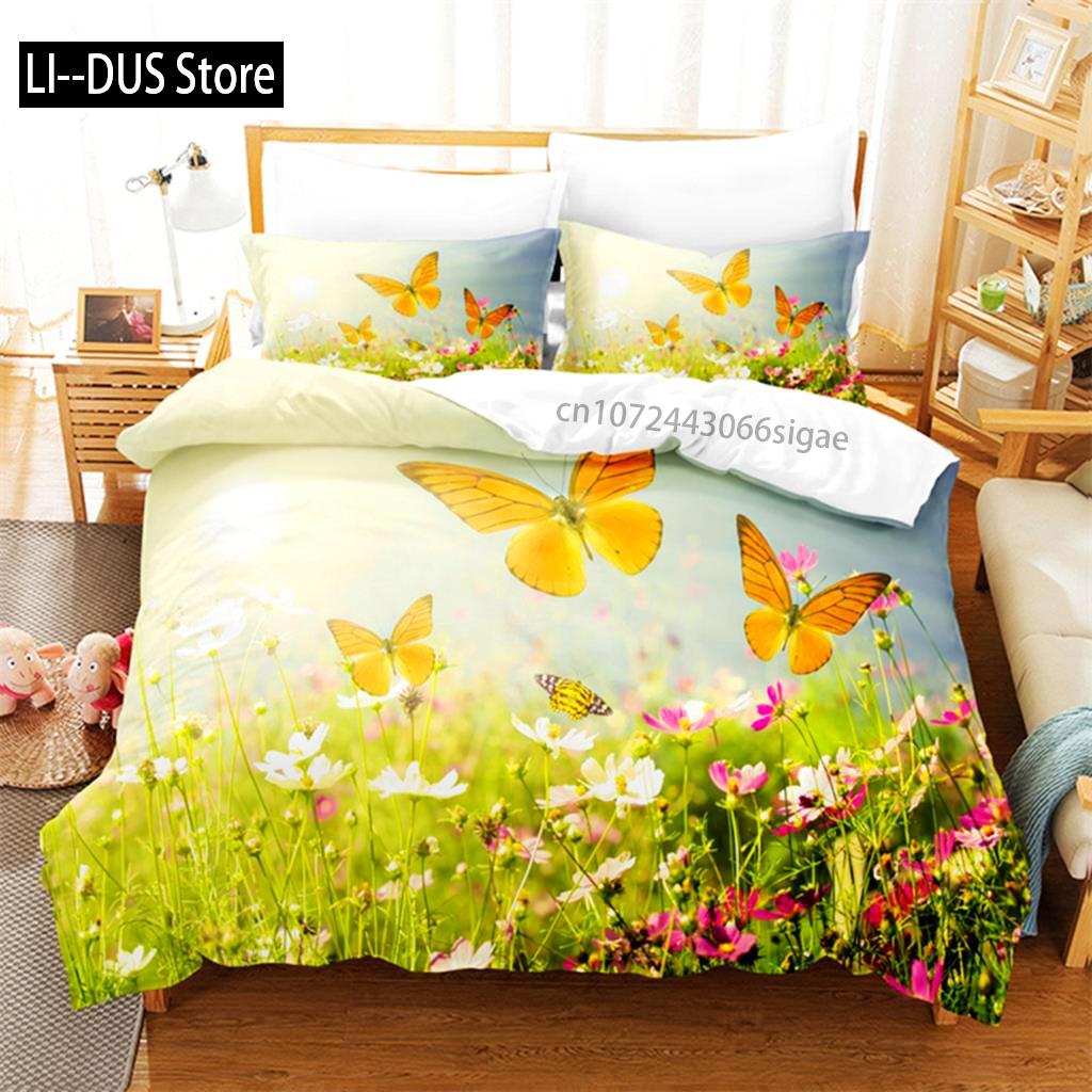 Butterfly Flower Queen Bedding Set Duvet Cover Set Bedding Digital Printing King Size Duvet Cover Set Bedding Set