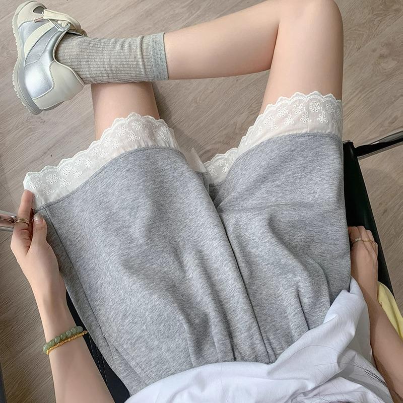 2025 Women's Gray Lace-Trim High Waist Wide-Leg Summer Shorts