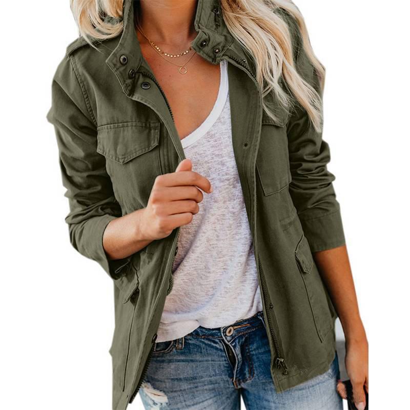 Women Jackets Zipper Spliced Pockets Full Sleeve Slim Fit Casual Coats Turn Down Collar Solid Jacket Streetwear Autumn